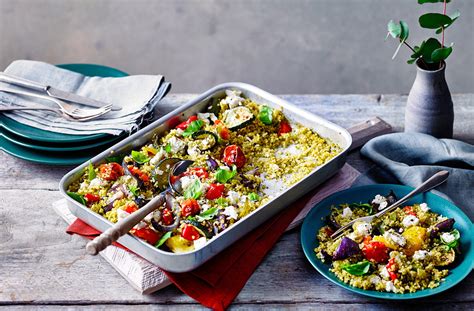 Roast Vegetable and Pesto Bulgur Wheat Traybake Recipe | Under 30 Minute Recipes | Tesco Real Food