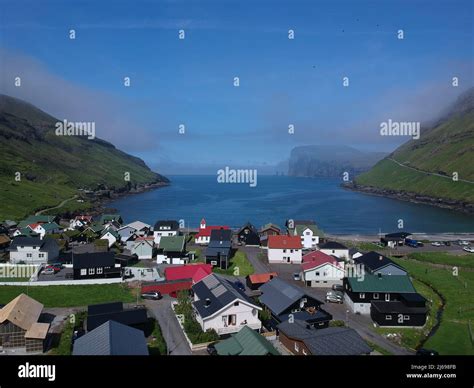 Aerial view of Tjornuvik, Streymoy Island, Faroe Islands, Denmark ...