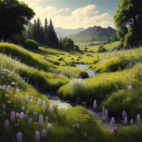 Beautiful Spring Landscape with a Mountain River and Green Grass and Flowers. Generative Ai ...