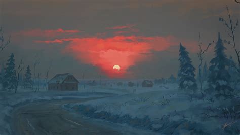 Sunset and town covered with snow painting, sunset, digital art, winter, red HD wallpaper ...