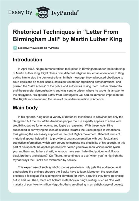 Rhetoric in "Letter From Birmingham Jail" by King - 946 Words | Essay ...