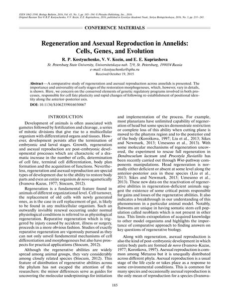 (PDF) Regeneration and asexual reproduction in annelids: Cells, genes, and evolution