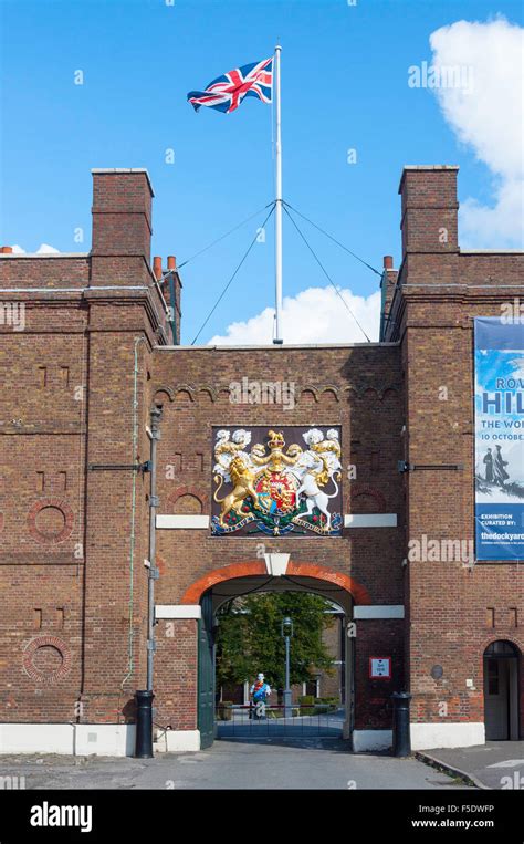 Entrance gate to Chatham Historic Dockyard, Chatham, Kent, England Stock Photo, Royalty Free ...