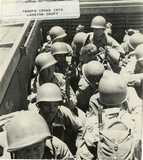 Soldiers of the 40th Infantry Division crowded into an LCVP during amphibious training exercises ...