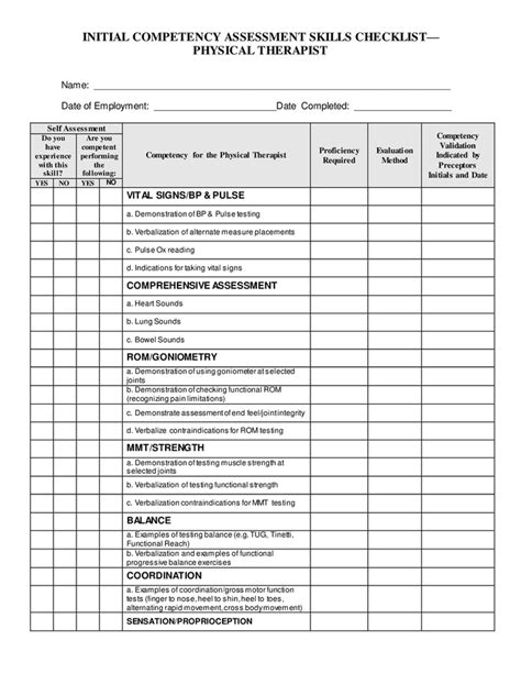 Competency assessment skills checklist - physical therapist in Word and Pdf formats