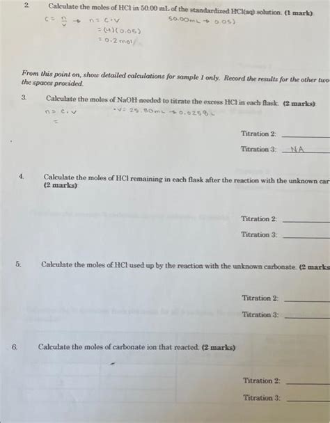 2. Calculate the moles of HCl in 50.00ml of the | Chegg.com