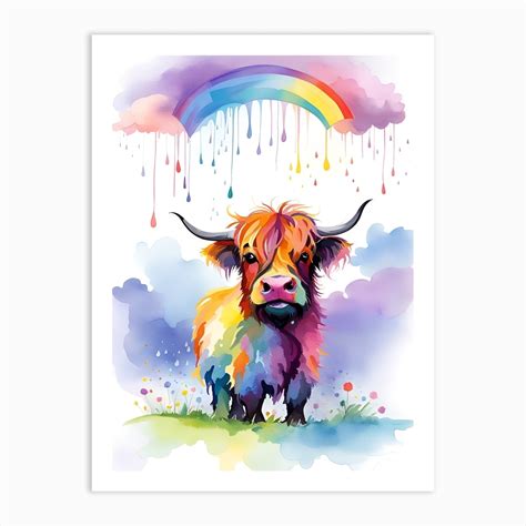 Rainbow Highland Cow Art Print by AI Artistry! by Jen Rickey - Fy