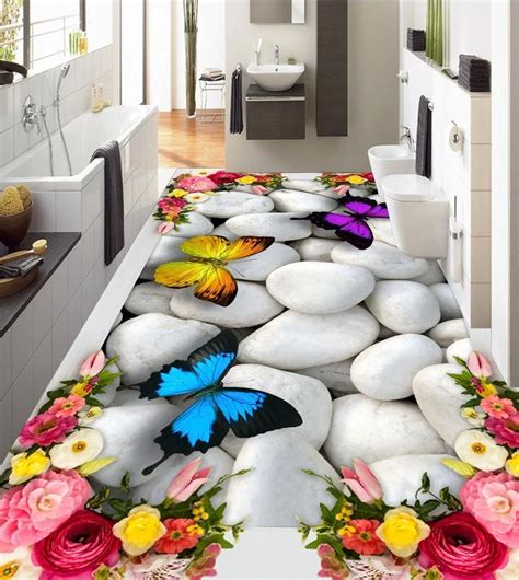 Large 3D Wall Stickers 3D Roses Butterfly Pebbles Wall Mural Floor Decals Creative Design for ...