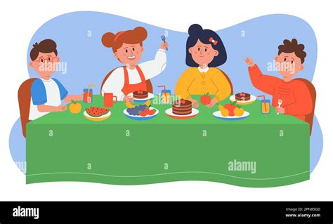 Children friends eating cake on breakfast, lunch or dinner Stock Vector Image & Art - Alamy