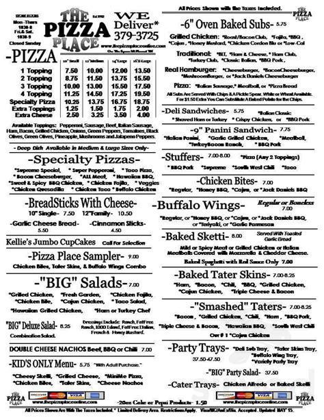 Pizza Place menu in Mt Pleasant, Tennessee, USA