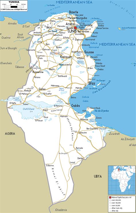 Large detailed road map of Tunisia with all cities and airports | Vidiani.com | Maps of all ...