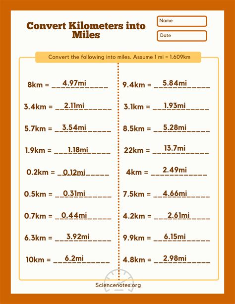 Miles to Kilometers Worksheets