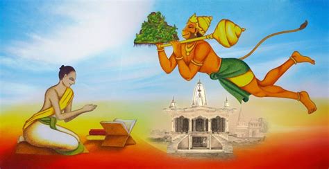 Tulsidas offers his Hanuman Chalisa poem to Lord Hanuman, seen flying ...