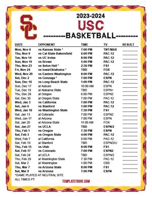 Printable 2023-2024 USC Trojans Basketball Schedule