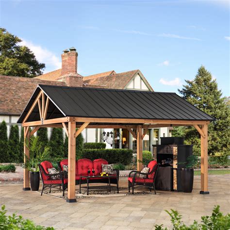 SUNJOY 12 FT. X 14 FT. CEDAR FRAMED GAZEBO WITH MATTE-BLACK STEEL GABLE ROOF HARDTOP – Plus Co