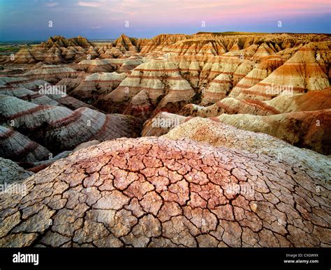 Eroded and cracked rock and mud formations. Badlands National Park. South Dakota formations ...