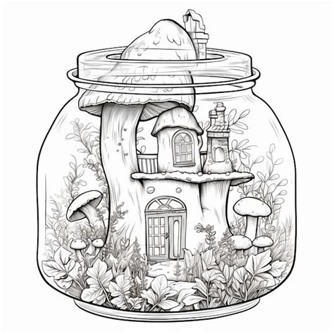 Premium Photo | A black and white drawing of a jar with a house inside generative ai