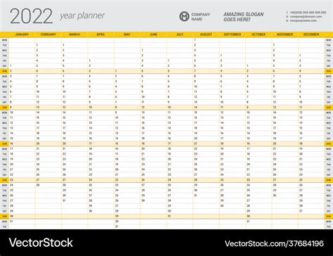 Calendar yearly planner template for 2022 Vector Image