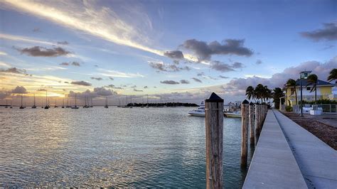 Sunset over boat harbor, boats, sunset, clouds, pylons, wharf, harbor ...