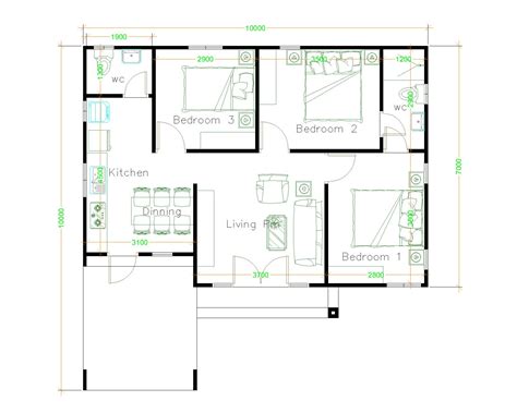 House Plans 10x10 with 3 Bedrooms - SamPhoas Plan