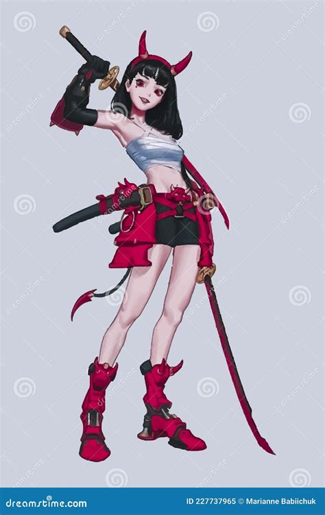 Anime Warrior Girl with Red Horns, Tail and Sword in Hand Stock Vector ...