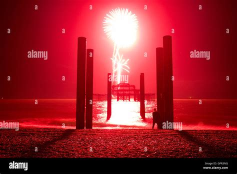 West Pier, Brighton, United Kingdom fireworks display behind the West ...