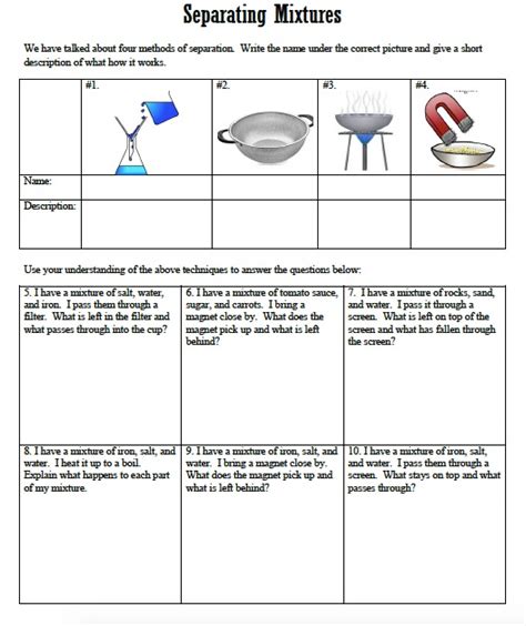 Separation Of Mixtures Worksheets