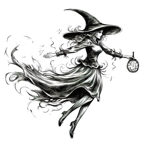 Flying Night Witch Halloween Black And White Illustration, Witch Broom ...