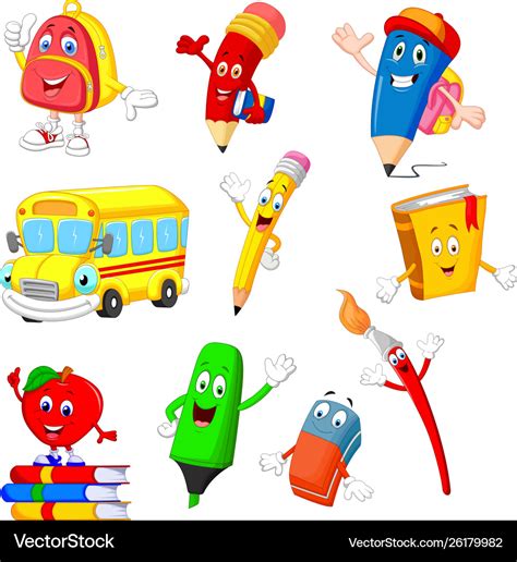 Cartoon school supplies collection set Royalty Free Vector