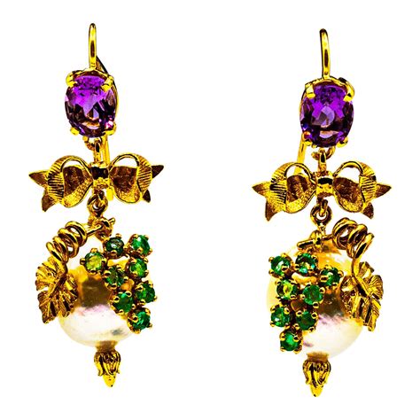 Art Nouveau 0.40 Carat Emerald Pearl Yellow Gold Stud Drop "Birds" Earrings at 1stDibs | gold ...
