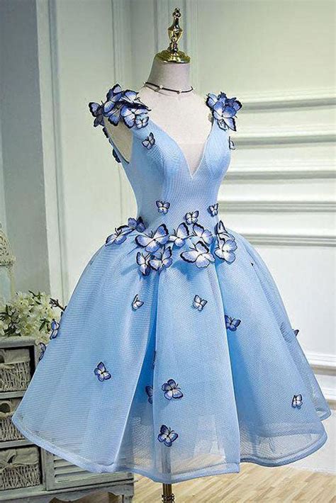 Sky Blue Butterfly Applique A Line V Neck Short Homecoming Dresses OKB ...