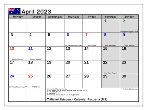 April 2023 printable calendar “47MS” - Michel Zbinden AU