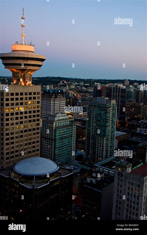 Harbour Centre Tower revolving restaurant and illuminated streets neighbourhoods of Vancouver at ...