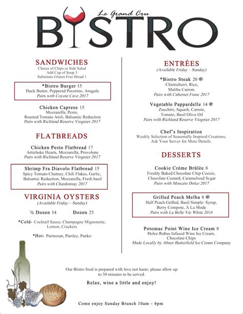 Bistro Summer Menu - 2 | Potomac Point Winery