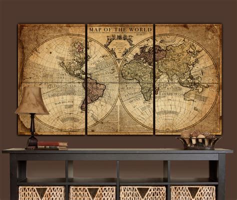 Globe Tan Map World Map Canvas, Vintage Map Art, Brown & Gold Map of ...