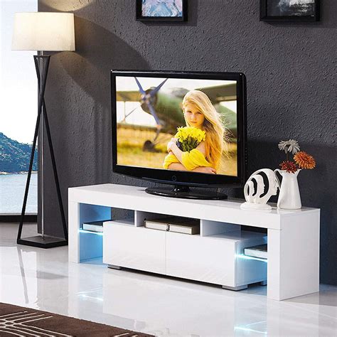 Modern TV Stand with LED Light Wood Television Stand Media Storage ...