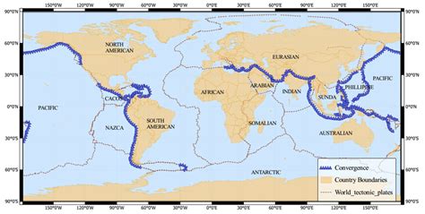 Convergent plate margins are marked in triangular shape over the ...