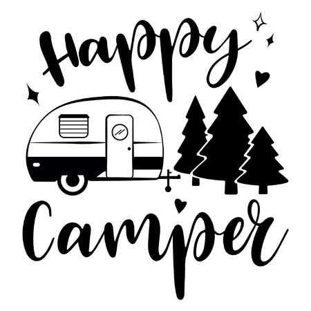 Happy Camper vector download. Mobile recreation. Happy Camper trailer in sketch silhouette style ...