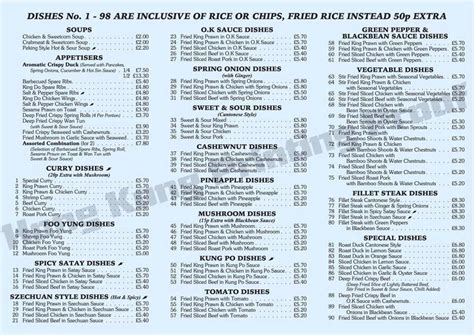 Menu at Lee's Cantonese restaurant, Blackburn