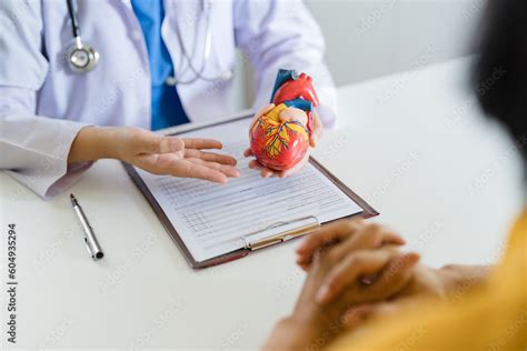 Cardiologist doctor showing anatomical of human heart to patient, heart ...