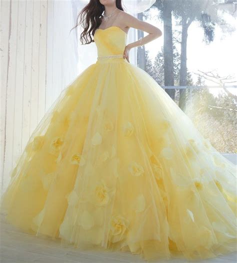 Elegant yellow strapless long prom dress applique flowers evening party ...