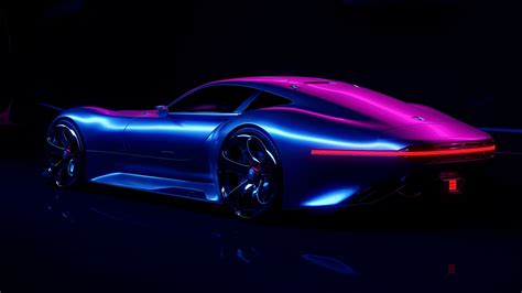 a blue and pink sports car in the dark