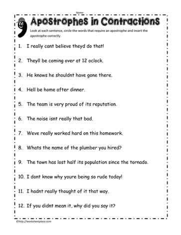 Apostrophes in Contractions | Possessive apostrophe, Contraction worksheet, Punctuation worksheets