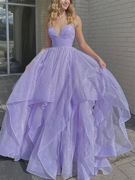 Shiny V Neck Purple Long Prom Dresses, Purple Long Formal Evening ...