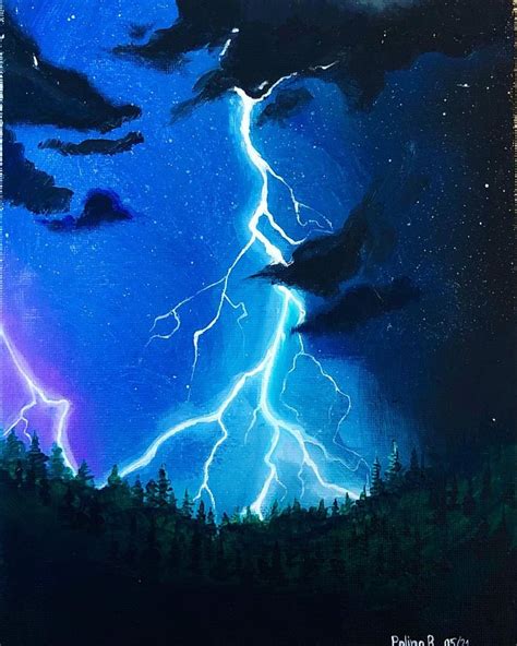 a painting of lightning striking through the night sky