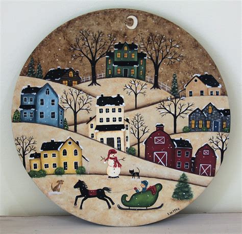 Ravens Bend Folk Art: Winter Folk Art Painting, Primitive Wood Plate ...