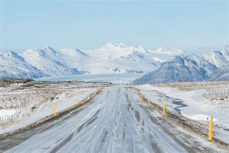 Highway 1 Iceland. Clear Road Covered in Winter Stock Image - Image of ...