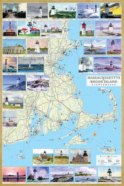 Massachusetts & Rhode Island Lighthouses Illustrated Map & Guide ...