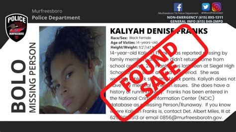 MISSING PERSON FOUND: 14-Year-Old Kaliyah Franks in Murfreesboro - Rutherford Source