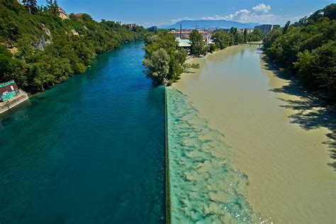 Rhone and Arve rivers in Geneva, Switzerland. The river on the left is ...